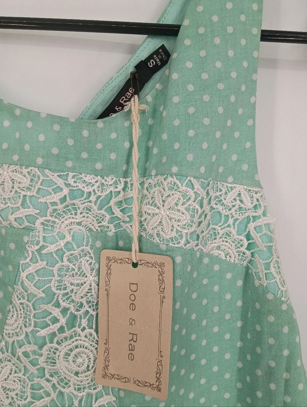 Doe & Rae Mint Polka Dot Lace Trim Coquette Cottagecore Mini Sundress